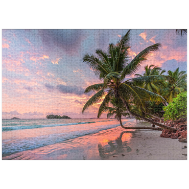 puzzleplate Palmenstrand der Anse Volbert im Morgenlicht, Insel Praslin, Seychellen 1000 Puzzle