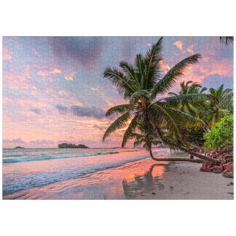 puzzleplate Palmenstrand der Anse Volbert im Morgenlicht, Insel Praslin, Seychellen 1000 Puzzle
