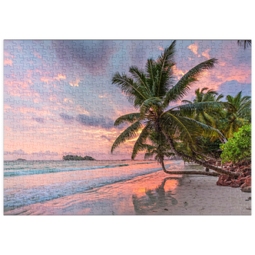 puzzleplate Palmenstrand der Anse Volbert im Morgenlicht, Insel Praslin, Seychellen 500 Puzzle