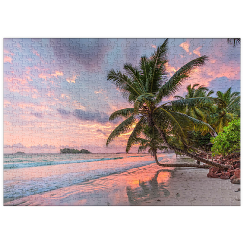 puzzleplate Palmenstrand der Anse Volbert im Morgenlicht, Insel Praslin, Seychellen 500 Puzzle