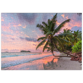 Darstellung des Puzzle Motivs Palmenstrand der Anse Volbert im Morgenlicht, Insel Praslin, Seychellen - Puzzleteile: 500