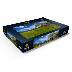 Darstellung des Puzzle Motivs Frühlingswiese in Gerold gegen Wörner und Tiefkarspitze bei Mittenwald, Oberbayern - Puzzleteile: 500