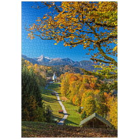 Darstellung des Puzzle-Motivs Weg nach Wamberg, Kirche St. Anna gegen Daniel, Garmisch-Partenkirchen – Puzzleteile: 1000