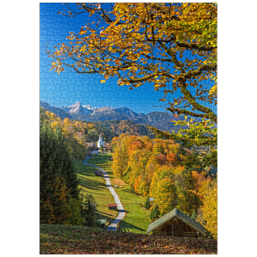 puzzleplate Weg nach Wamberg (996m), Kirche St. Anna (1721) gegen Daniel (2340m), Garmisch-Partenkirchen 1000 Puzzle