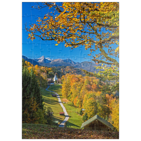 puzzleplate Weg nach Wamberg (996m), Kirche St. Anna (1721) gegen Daniel (2340m), Garmisch-Partenkirchen 100 Puzzle