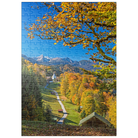 puzzleplate Weg nach Wamberg (996m), Kirche St. Anna (1721) gegen Daniel (2340m), Garmisch-Partenkirchen 200 Puzzle