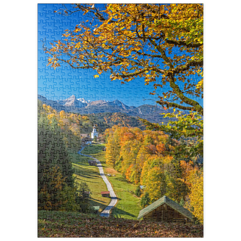 puzzleplate Weg nach Wamberg (996m), Kirche St. Anna (1721) gegen Daniel (2340m), Garmisch-Partenkirchen 500 Puzzle