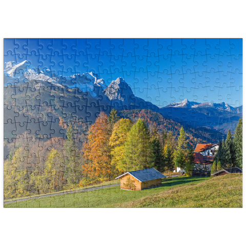 puzzleplate Blick von der Pfeiffer-Alm zur Zugspitzgruppe (2962m), Garmisch-Partenkirchen 200 Puzzle