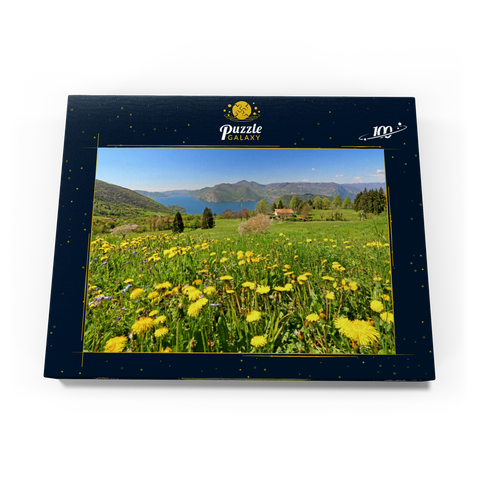 Frühlingslandschaft bei Sulzano mit Blick auf den Iseosee, Lombardei, Italien 100 Puzzle Schachtel Ansicht3