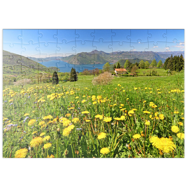 puzzleplate Frühlingslandschaft bei Sulzano mit Blick auf den Iseosee, Lombardei, Italien 100 Puzzle