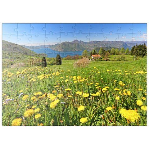 puzzleplate Frühlingslandschaft bei Sulzano mit Blick auf den Iseosee, Lombardei, Italien 100 Puzzle