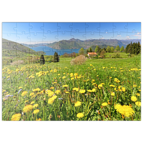 Darstellung des Puzzle Motivs Frühlingslandschaft bei Sulzano mit Blick auf den Iseosee, Lombardei, Italien - Puzzleteile: 100