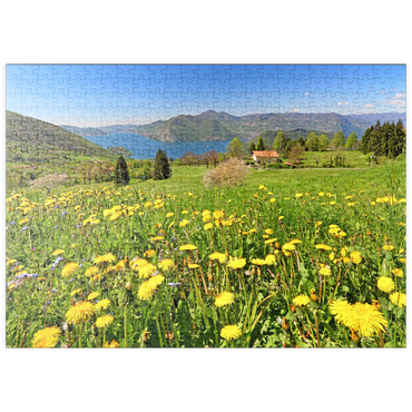 puzzleplate Frühlingslandschaft bei Sulzano mit Blick auf den Iseosee, Lombardei, Italien 500 Puzzle