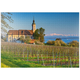 Darstellung des Puzzle-Motivs Abend an der Wallfahrtskirche Birnau bei Unteruhldingen am Bodensee im Frühling – Puzzleteile: 1000