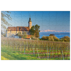 Darstellung des Puzzle Motivs Abend an der Wallfahrtskirche Birnau bei Unteruhldingen am Bodensee im Frühling - Puzzleteile: 100