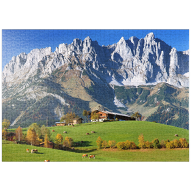 Darstellung des Puzzle-Motivs Bauernhaus bei Kitzbühel mit Kaisergebirge, Tirol, Österreich – Puzzleteile: 1000