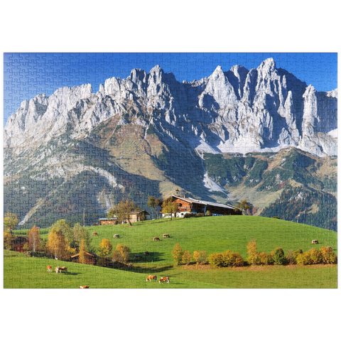 puzzleplate Bauernhaus bei Kitzbühel mit Kaisergebirge, Tirol, Österreich 1000 Puzzle