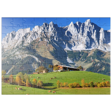 puzzleplate Bauernhaus bei Kitzbühel mit Kaisergebirge, Tirol, Österreich 100 Puzzle