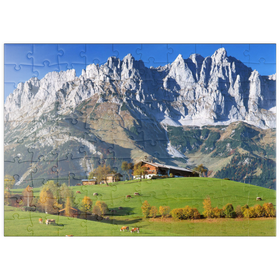 Darstellung des Puzzle Motivs Bauernhaus bei Kitzbühel mit Kaisergebirge, Tirol, Österreich - Puzzleteile: 100