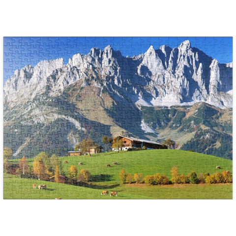 puzzleplate Bauernhaus bei Kitzbühel mit Kaisergebirge, Tirol, Österreich 500 Puzzle