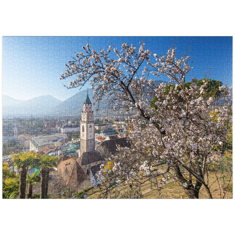 puzzleplate Blühender Mandelbaum mit Blick vom Tappeinerweg auf die Altstadt mit der Pfarrkirche St. Nikolaus 1000 Puzzle