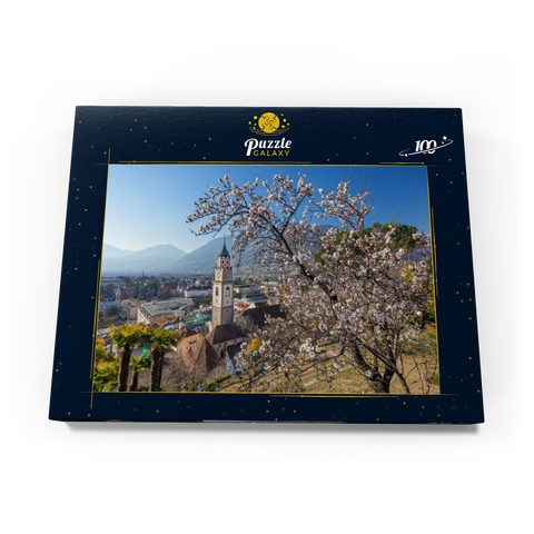 Blühender Mandelbaum mit Blick vom Tappeinerweg auf die Altstadt mit der Pfarrkirche St. Nikolaus 100 Puzzle Schachtel Ansicht3