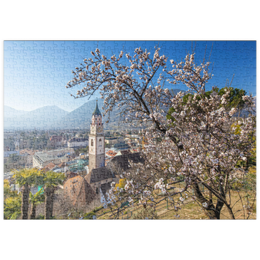 puzzleplate Blühender Mandelbaum mit Blick vom Tappeinerweg auf die Altstadt mit der Pfarrkirche St. Nikolaus 500 Puzzle