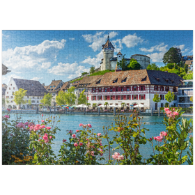 Darstellung des Puzzle-Motivs Blick über den Rhein zur Altstadt und Festung Munot – Puzzleteile: 1000