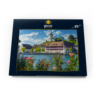 Blick über den Rhein zur Altstadt und Festung Munot 100 Puzzle Schachtel Ansicht3