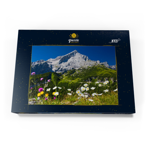 Blick vom Kreuzjoch (1719m) zur Hochalm gegen Alpspitze (2628m) mit Margeriten 1000 Puzzle Schachtel Ansicht3