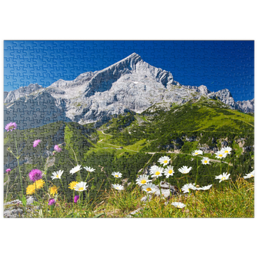 puzzleplate Blick vom Kreuzjoch (1719m) zur Hochalm gegen Alpspitze (2628m) mit Margeriten 500 Puzzle