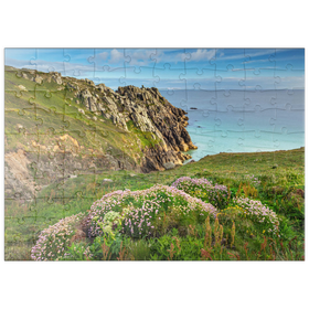 Darstellung des Puzzle Motivs Porthcurno Bay, Penwith Peninsula, Cornwall, England, Großbritannien - Puzzleteile: 100
