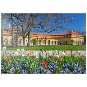 Darstellung des Puzzle-Motivs Schlossgarten mit der Orangerie im Frühling zur Zeit der Tulpenblüte – Puzzleteile: 1000