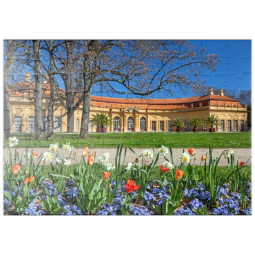 puzzleplate Schlossgarten mit der Orangerie im Frühling zur Zeit der Tulpenblüte 100 Puzzle