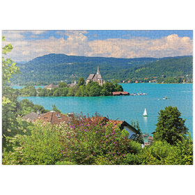 Darstellung des Puzzle-Motivs Blick zur Halbinsel mit Pfarrkirche, Maria Wörth, Wörther See, Österreich – Puzzleteile: 1000
