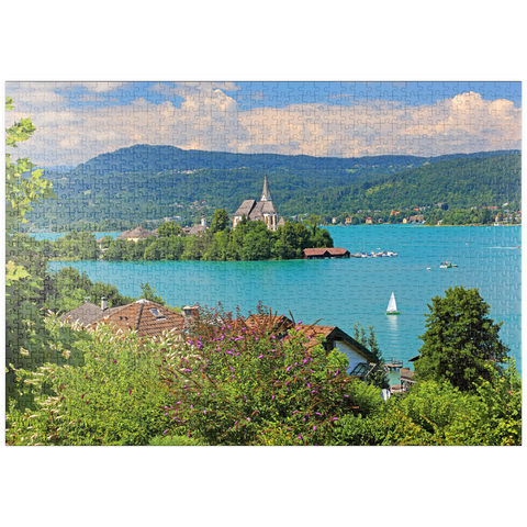puzzleplate Blick zur Halbinsel mit Pfarrkirche, Maria Wörth, Wörther See, Österreich 1000 Puzzle