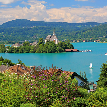 Blick zur Halbinsel mit Pfarrkirche, Maria Wörth, Wörther See, Österreich 1000 Puzzle 3D Modell