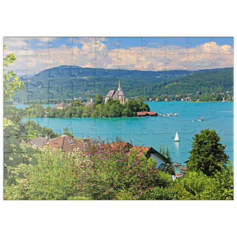 puzzleplate Blick zur Halbinsel mit Pfarrkirche, Maria Wörth, Wörther See, Österreich 100 Puzzle