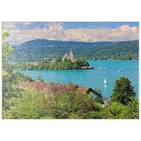 Darstellung des Puzzle Motivs Blick zur Halbinsel mit Pfarrkirche, Maria Wörth, Wörther See, Österreich - Puzzleteile: 100