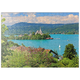 Darstellung des Puzzle-Motivs Blick zur Halbinsel mit Pfarrkirche, Maria Wörth, Wörther See, Österreich – Puzzleteile: 200