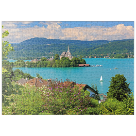 Darstellung des Puzzle-Motivs Blick zur Halbinsel mit Pfarrkirche, Maria Wörth, Wörther See, Österreich – Puzzleteile: 500