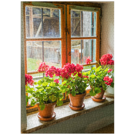 Darstellung des Puzzle-Motivs Fenster mit Geranien im Freilichtmuseum Glentleiten bei Großweil, Oberbayern – Puzzleteile: 1000