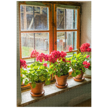 puzzleplate Fenster mit Geranien im Freilichtmuseum Glentleiten bei Großweil, Oberbayern 1000 Puzzle