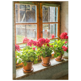Darstellung des Puzzle Motivs Fenster mit Geranien im Freilichtmuseum Glentleiten bei Großweil, Oberbayern - Puzzleteile: 200