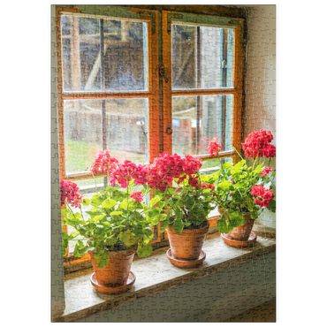 puzzleplate Fenster mit Geranien im Freilichtmuseum Glentleiten bei Großweil, Oberbayern 500 Puzzle