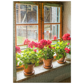 Darstellung des Puzzle Motivs Fenster mit Geranien im Freilichtmuseum Glentleiten bei Großweil, Oberbayern - Puzzleteile: 500