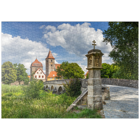 puzzleplate Altmühlbrücke in Ornbau mit dem Stadttor in die Altstadt am Altmühl Radweg 1000 Puzzle