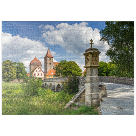 Darstellung des Puzzle Motivs Altmühlbrücke in Ornbau mit dem Stadttor am Altmühl Radweg - Puzzleteile: 500