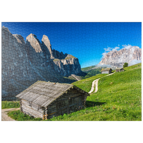 Darstellung des Puzzle-Motivs Am Grödner Joch gegen Sellagruppe und Langkofel (3181m), Dolomiten, Südtirol – Puzzleteile: 1000