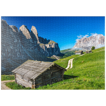puzzleplate Am Grödner Joch gegen Sellagruppe und Langkofel (3181m), Dolomiten, Trentino-Südtirol 1000 Puzzle